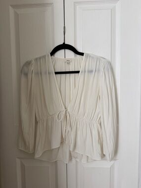 Aritzia Wilfred White Tie-Front Peplum Blouse